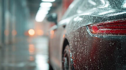 Car getting washed in a modern car wash facility with bright lights