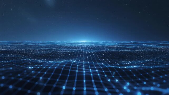 A serene synthetography background landscape with grid pattern, glowing lights, and futuristic elements in a digital environment
