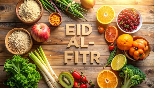 filled with a variety of healthy food choices.&nbsp;In the center, wooden letters spell out "EID AL-FITR".&nbsp;Around him were bowls filled with grains, as well as various fresh fruits and vegetables sepes