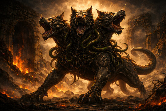 Cerberus three headed hellhound guarding the underworld in epic mythological scene