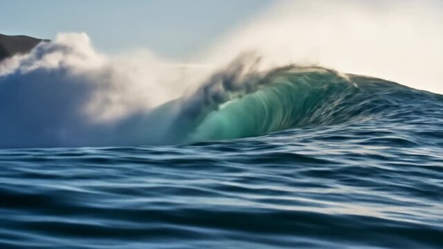 Powerful ocean wave breaking with force and energy in the sea.