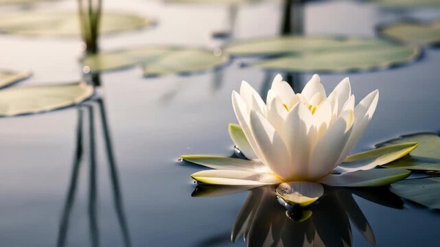 Elegant white flower with yellow accents resting on calm water with lily pads.