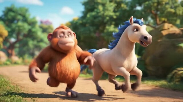 Animated whimsical scene of cheerful apes and a spirited horse enjoying a playful journey through a vibrant forest setting