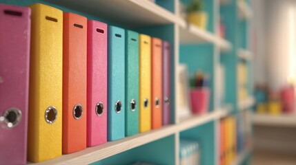 Colorful binders on shelves in an office workspace during the day
