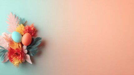 Colorful Easter eggs and flowers arranged on a blue background