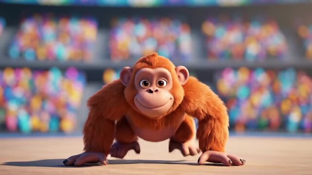 Dynamic Monkey Characters Performing Athletic Movements in a Vibrant Arena Setting