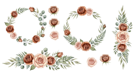 Set of watercolor floral arrangements of brown and peach roses and leaves Botanic decoration illustration for wedding card, fabric, and logo composition