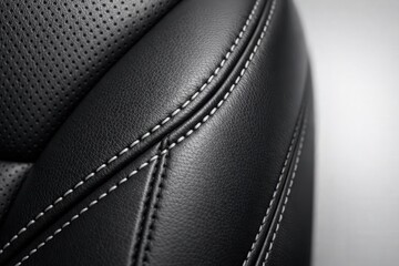 Close-up shot displaying the meticulous stitching and texture of a sleek, black leather seat.