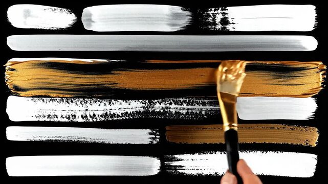 Abstract background with paint strokes in white, silver, and gold on black.