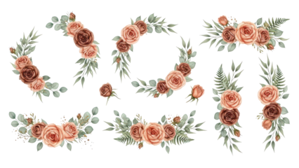 Set of watercolor floral arrangements of brown and peach roses and leaves Botanic decoration illustration for wedding card, fabric, and logo composition