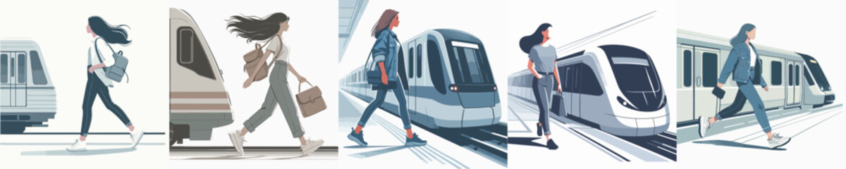 A Woman Getting on the Train Vector Illustration