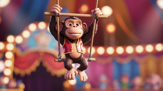 Animated Monkey Performing Acrobatics on Circus Swing with Colorful Backdrop