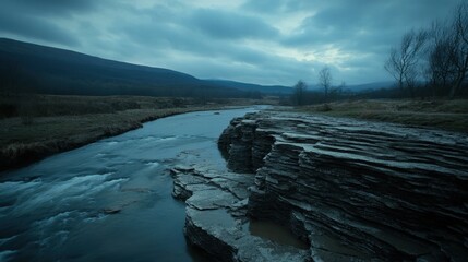 A moody river flows past eroded rocky banks under a dramatic cloudy sky