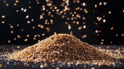 A mound of loose granular industrial material like sand with many tiny particles falling against a black background