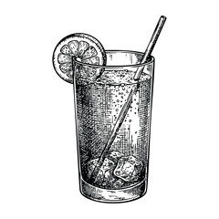 Refreshing glass of lemonade with slice of lime and straw in vintage illustration style with black and white monochrome for beverage advertising