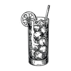 Cocktail Glass with Lime Slice and Straw in Hand-Drawn Style with High Contrast Black and White Illustration for Beverage Advertising