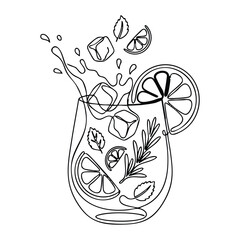 Cocktail Glass with Citrus and Herbs Line Art Illustration in Black and White for Beverage Advertising