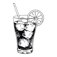Cocktail with Lime Slice and Straw in Hand-Drawn Style with Monochromatic Color Scheme and Sketch Texture for Bar Menu