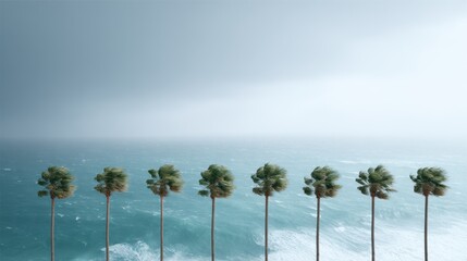 Row of swaying palm trees along the coastline, with turbulent ocean waves and dark storm clouds creating a dramatic tropical atmosphere