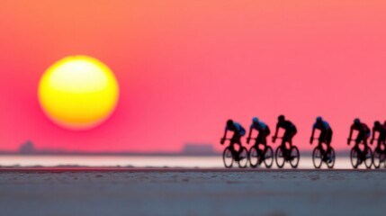 Cyclists ride along the shore during sunset near the ocean waters