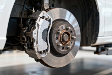 Close-up of a car's braking system, showcasing the brake disc and caliper detailing vehicle repair.
