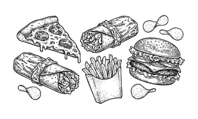 Fast Food Illustration Set in Hand Drawn Style with Black and White Color Scheme on White Background for Menu Design