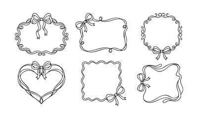 Hand-drawn decorative frames with bows in elegant minimalist style in black and white line art for wedding invitation