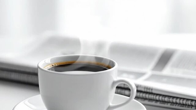 Morning beverage with newspaper, a white cup of hot coffee on a saucer.