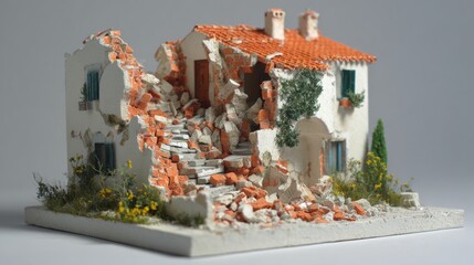 Building model shows damage from earthquake with debris scattered around