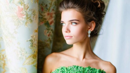 Model poses by a window with floral curtains at an indoor location