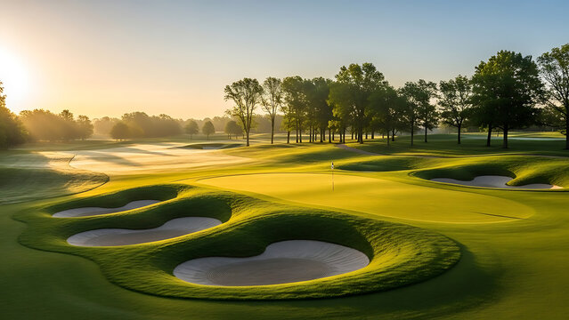 Morning Golf Action on Scenic Fairway with Sand Bunkers at Sunrise