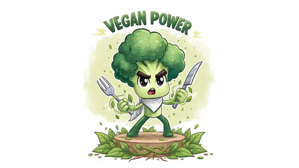 2d drawn Cartoon Broccoli Character With Utensils Promoting Vegan Lifestyle png isolated