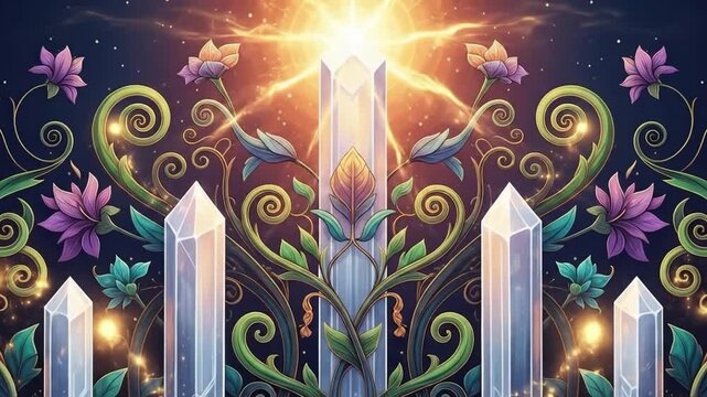 Crystal pillars rise amidst swirling vines and blooming flowers, illuminated by a radiant celestial light.