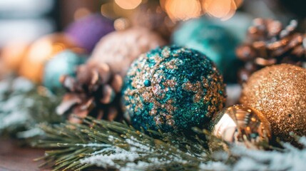 Colorful ornaments and pine cones arranged on a festive table setting