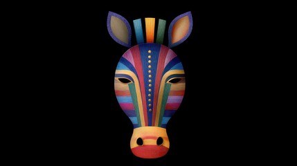 Colorful zebra head mask art illustration on black background, copy space