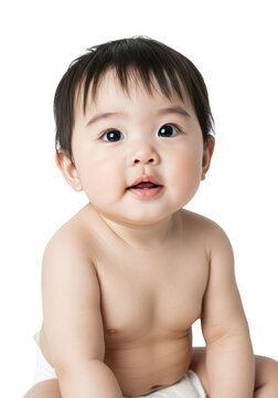 An adorable asian infant, 6-9 months, with wide curious eyes and a parted mouth, wearing a white diaper, sitting on a transparent studio background with soft bokeh. Innocent childhood wonder