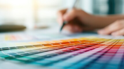 Color swatches and design work in a bright office setting