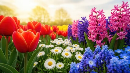 Colorful Spring Flowers Field Tulips, Hyacinths, Daisies, Blooming Garden