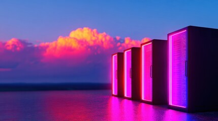 Night sky over servers with colorful lights near horizon in digital space