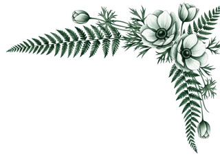 Minimal luxury watercolor floral frame corner with anemones and ferns in deep emerald green isolated on white background