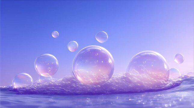 紫色の水面にたまった細かな泡から浮かび上がる大きなシャボン玉