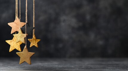 Hanging stars in different colors on strings against a dark background