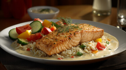 fried fish with rice and vegetable