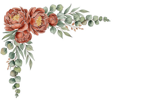 Minimal luxury watercolor botanical corner border featuring peonies and eucalyptus in terracotta tones isolated on white background