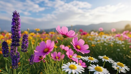 Colorful Flower Field at Sunset - Blossoms, Lavender, Cosmos, Nature Background