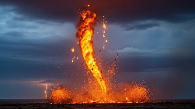 Dramatic fiery tornado rises against a stormy sky, with lightning illuminating the horizon.