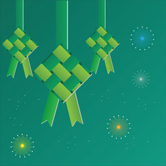 Festive Green Ketupat Rice Cakes and Fireworks Display for Eid Mubarak Greeting