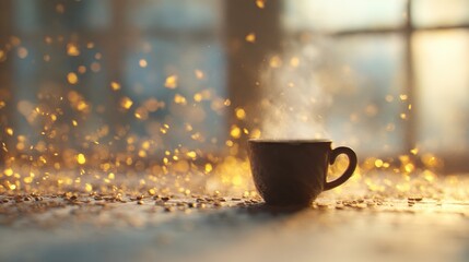 Fototapeta premium Morning coffee cup with steam and sunlight in warm colors at home