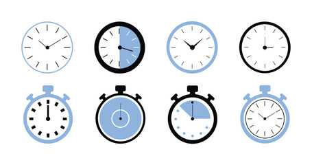 Clock and Stopwatch Icon Set, Time Management, Timer and Productivity Concept Vector