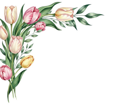 Luxury watercolor botanical corner border with tulips and delicate foliage in deep emerald green isolated on white background